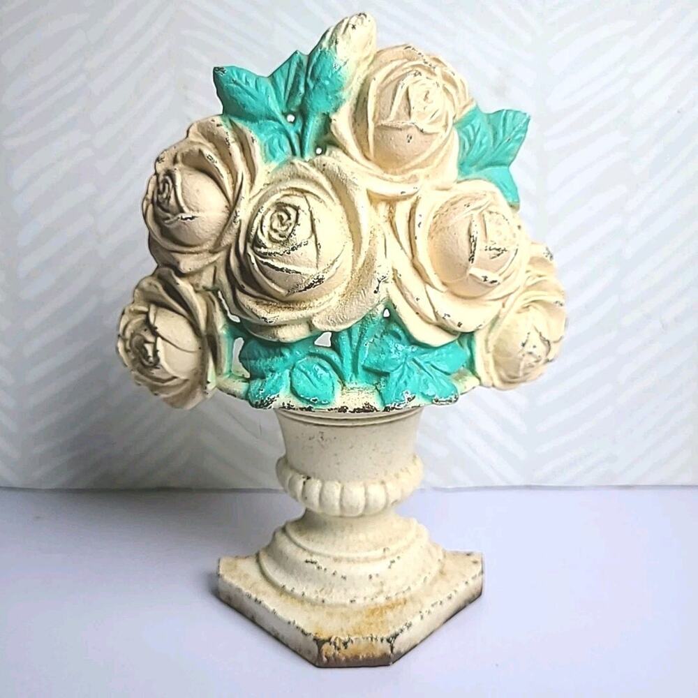 Vintage Cast Iron Door Stop Roses Pedestal Vase Urn Shabby Cottage Victorian